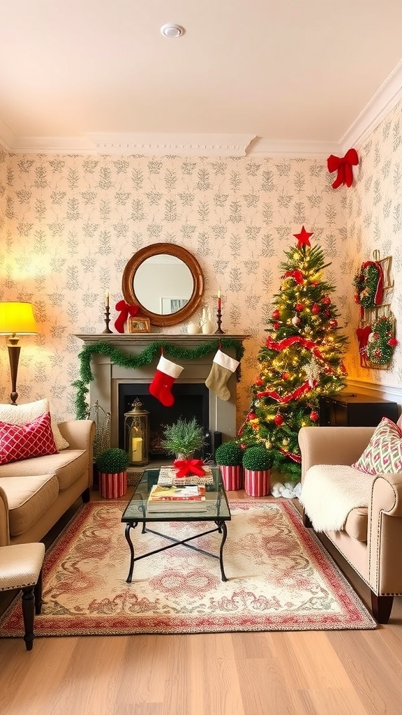 Living room with festive Christmas wallpaper, decorated tree, and cozy holiday atmosphere.